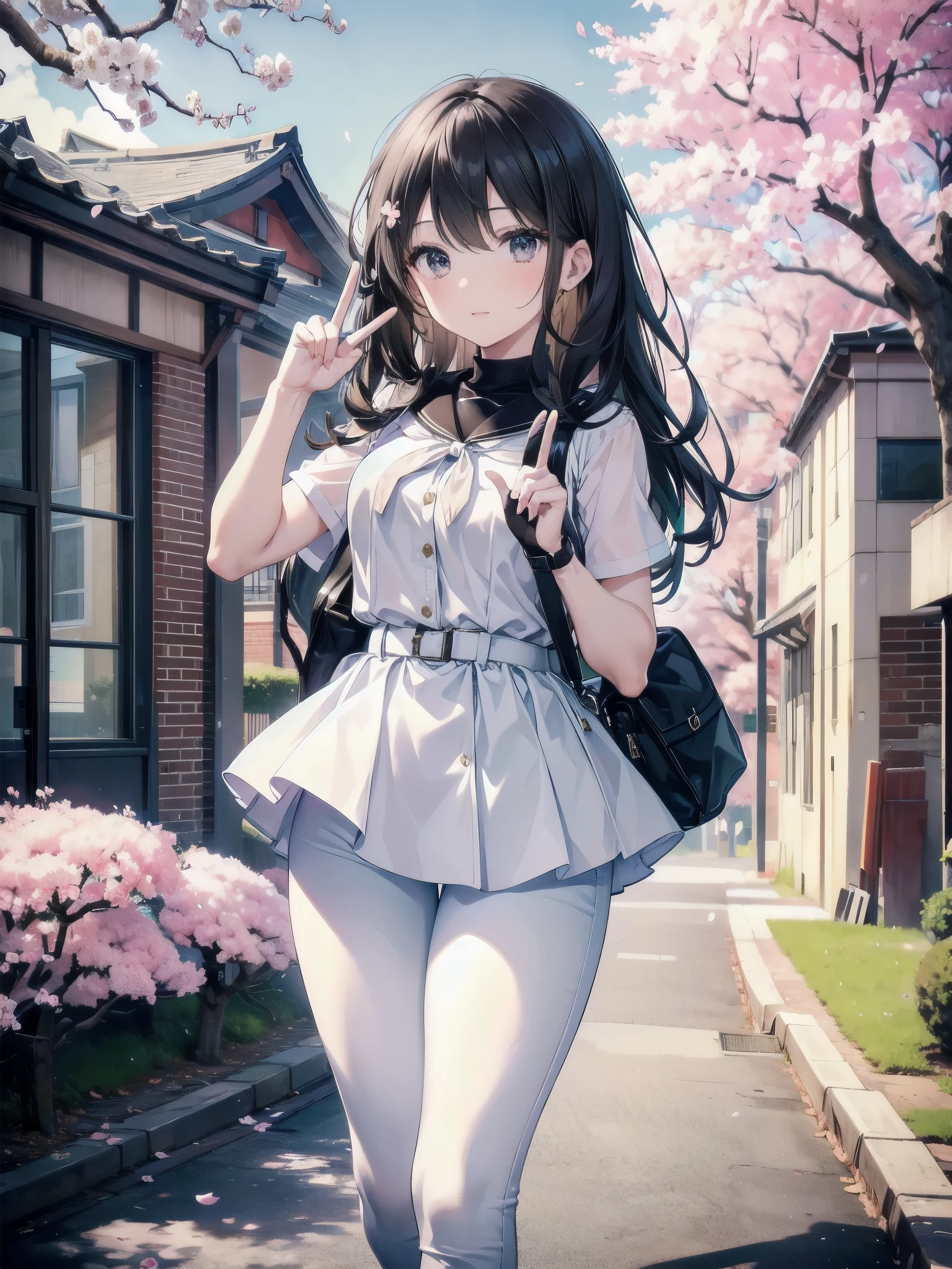 A 28-year-old female teacher wearing a white peplum and black skinny jeans、A peace sign in front of a cherry blossom tree and a brick school building reminiscent of Tokyo Station