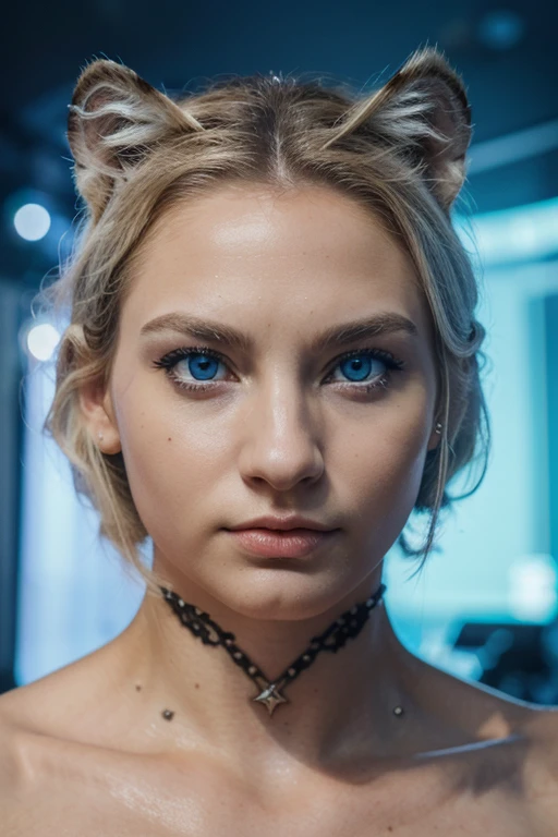 (best quality, highres, realistic:1.2),extremely detailed,large white tiger with piercing blue eyes,breathtakingly realistic,powerful gaze,futuristic background