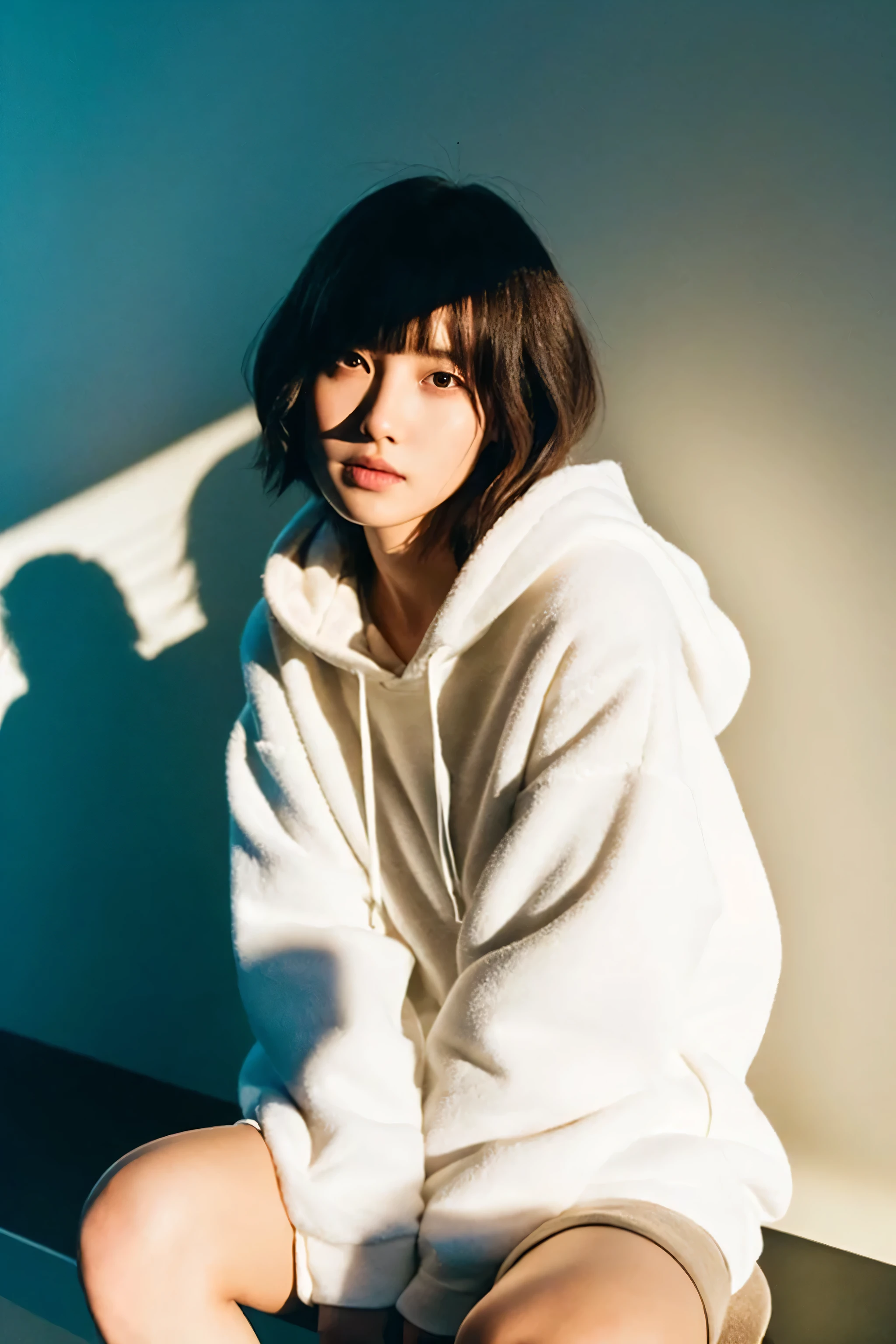 arafed woman in a white robe sitting on a black table, black haired girl wearing hoodie, by Tadashi Nakayama, chiho, girl wearing hoodie, kiko mizuhara, chiho ashima, shikamimi, by Torii Kiyomoto, with short hair, sui ishida with black hair, white hime cut hairstyle, in a hoodie