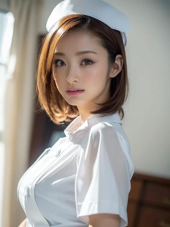 1 girl,(Wearing white nurse clothes:1.2),(Raw photo, highest quality), (realistic, photo-realistic:1.4), masterpiece, very delicate and beautiful, very detailed, 2k wallpaper, wonderful, finely, very detailed CG unity 8k wallpaper, Super detailed, High resolution, soft light, beautiful detailed girl, very detailed eyes and face, beautifully detailed nose, finely beautiful eyes, nurse, perfect anatomy, black hair, up style, nurse uniform, ((nurse cap)), long skirt, nurse, white costume, thin, hospital, clear, white uniform, hospital room, Neck auscultation,close your face,