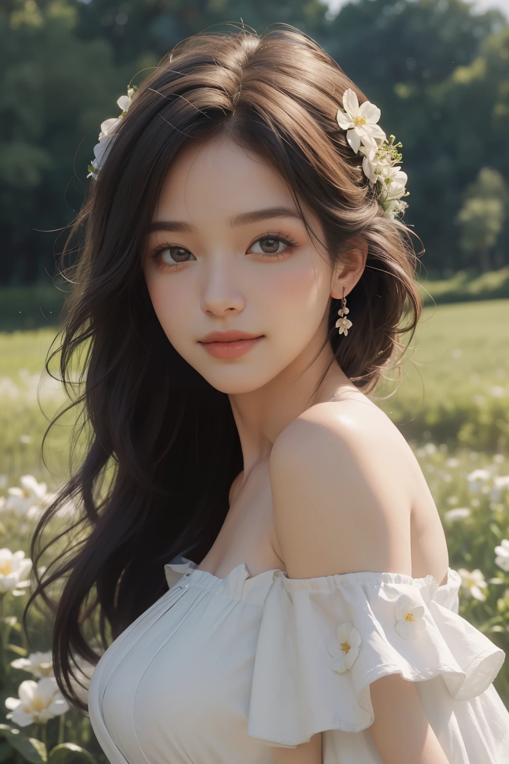 best quality, masterpiece, ultra high resolution, (realistic:1.4), RAW photos, 1 woman, white dress, off shoulder, flower field in full bloom, glowing skin, light smile