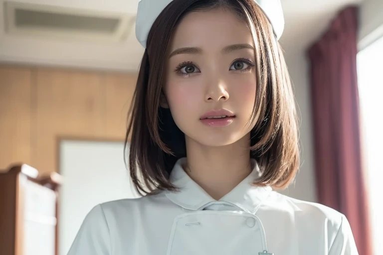 (Highest quality, 8k, 32K, masterpiece, Hmm...:1.2),Beautiful Japanese Women Photos, 1 girl, (Medium short dark brown hair), (Childlike flat chest 1.2), double eyelid, White nurse uniform, Little white nurse (cap), White shirt, Open shirt, hospital, hospital room, Upper Body,