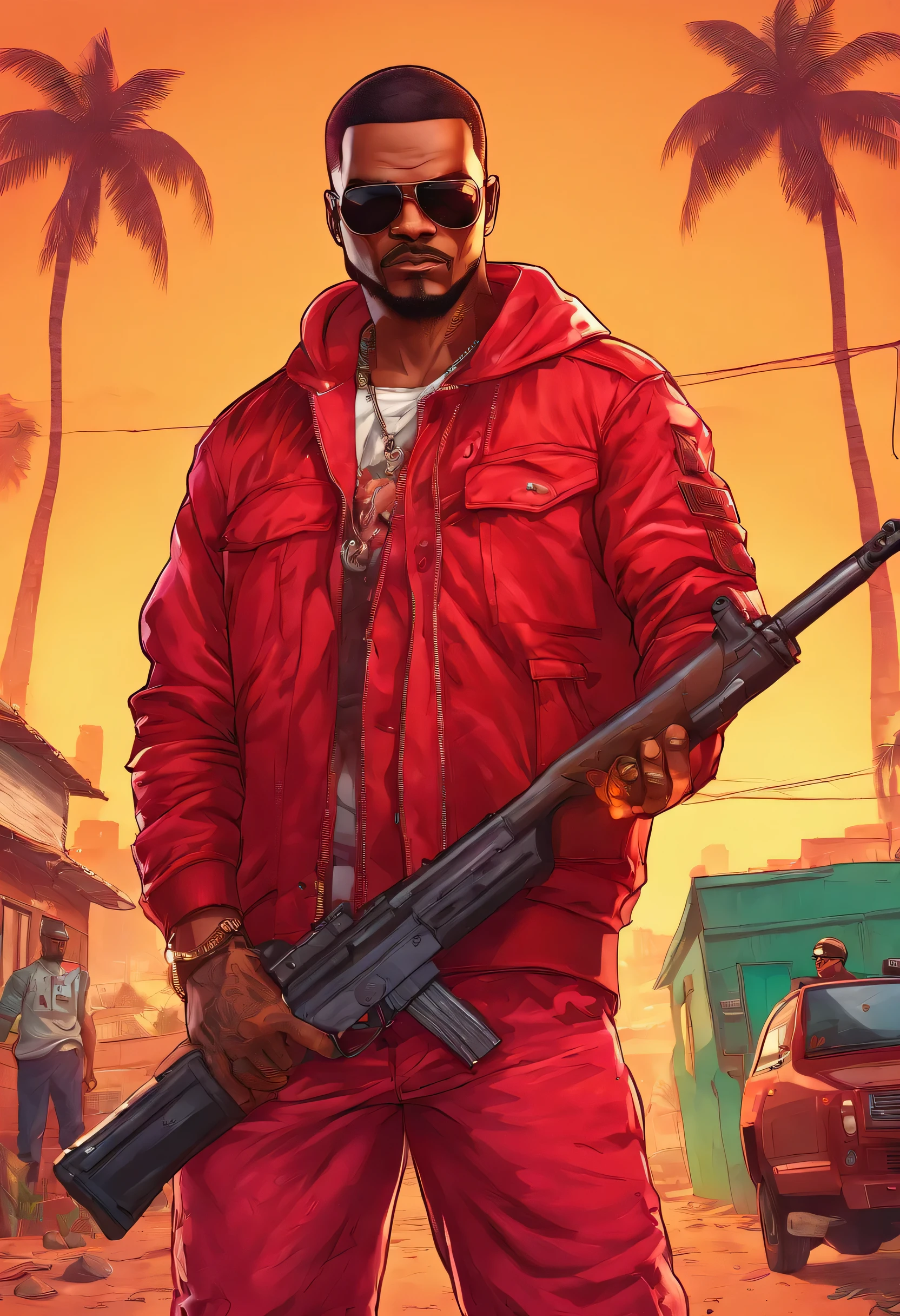 um homem de roupa vermelha em uma favela, segurando um rifle, (rosto e corpo extremamente detalhados), cores vibrantes, (retrato), tom de cor vermelha, dramatic lighting, (Melhor qualidade, ultra-detalhado, high resolution), realista