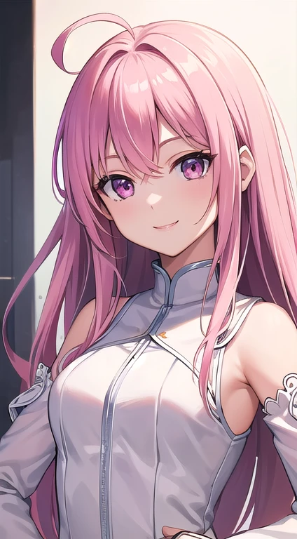 最high quality,very detailed,high quality,Extremely detailed,masterpiece,Super fine,ultra high resolution,超high quality,super delicate face,super realistic,(1 person:1.2)、woman、(Mature:1.5)、pink hair color、(pink eyes)、small breasts 、slender body、Ahoge、(smile:1.3)、Chibi