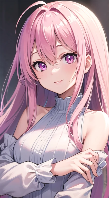 最high quality,very detailed,high quality,Extremely detailed,masterpiece,Super fine,ultra high resolution,超high quality,super delicate face,super realistic,(1 person:1.2)、woman、(Mature:1.5)、pink hair color、(pink eyes)、small breasts 、slender body、Ahoge、(smile:1.3)、Chibi