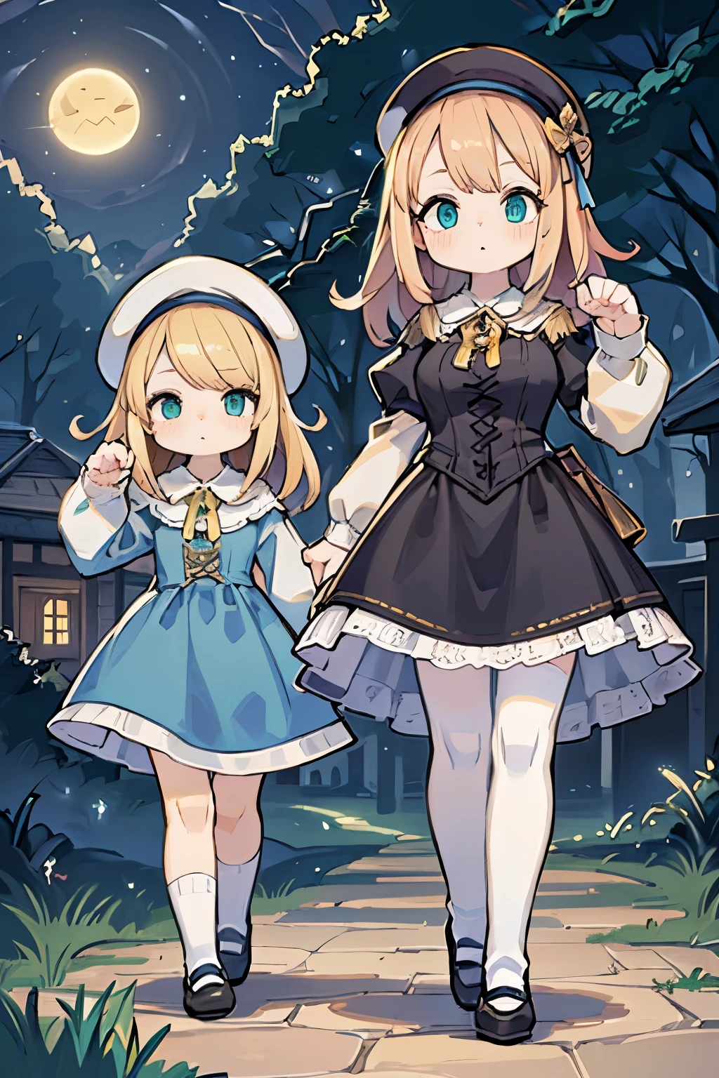 two girls, (Virginia Otis,  (blond hair, blue eyes)) pose with (16 years oldald (blond hair, green eyes)). Victorian style. thin, cute face, walks at night in Canterville Castle (inspired by the novel The Canterville Ghost). aged 1887, Victorian fantasy