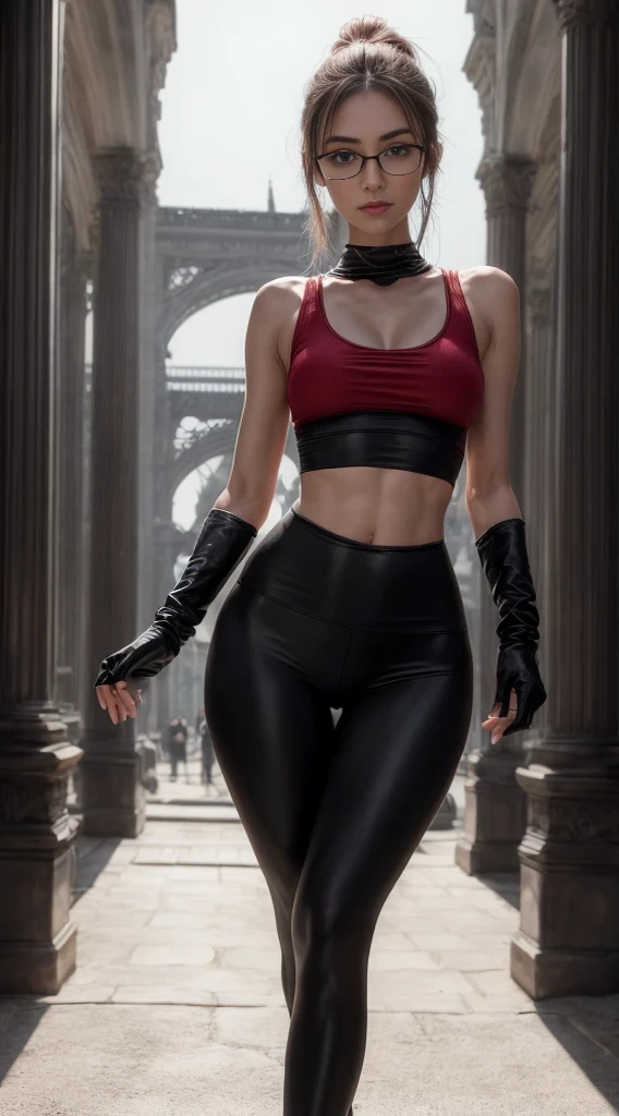 (8K, Masterpiece, RAW photo, Best quality, detail:1.2), (ultra realistic:1.4, scenary, 8K), Depth of field, Cinematic light, Lens flare, Ray tracing, (intricate detail face), 1girl, Beautiful and elegant Russian girl, (Very slim and slender body:1.3), (tight red yoga pants:1.4), ultra skinny girl with glasses, (European face:1.3), (tight black mini top:1.4), (natural abs exposed), (full body:1.3), (gloves:1.2)