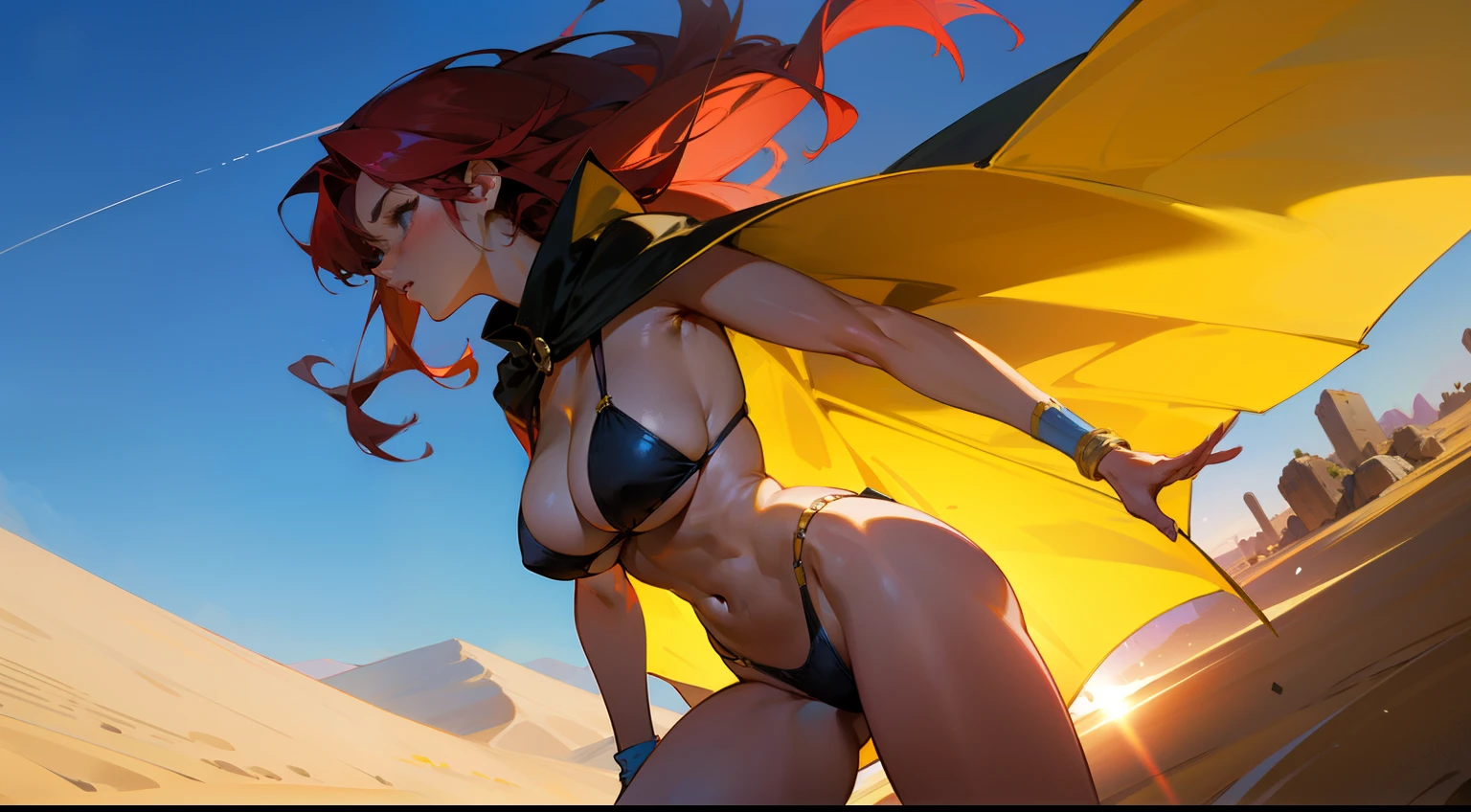 Mature woman, strong, dark skin, black bikini, cape, long red hair, large breasts, large thighs, can dynamic, heroic weight, fantasy, medieval, desert, sun, blue sky, well detailed brightness.