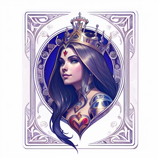 a drawing of a woman with a crown and a heart, the queen of hearts, por Randy Vargas, queen of hearts, por Rick Naguaro, no estilo de Anne Stokes, desenho de fantasia, card art, por Eddie Mendoza, mechanical lady portrait, tarot card art, linhas escuras, art nouveau ink illustration, design for magic the meeting