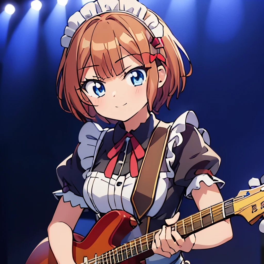 ((masterpiece)), ((best quality)), (ultra-detailed), anime style, Live performance venue, a cute girl, 1girl, solo, playing the guitar00, maid00, ((beautiful eyes))0, smile