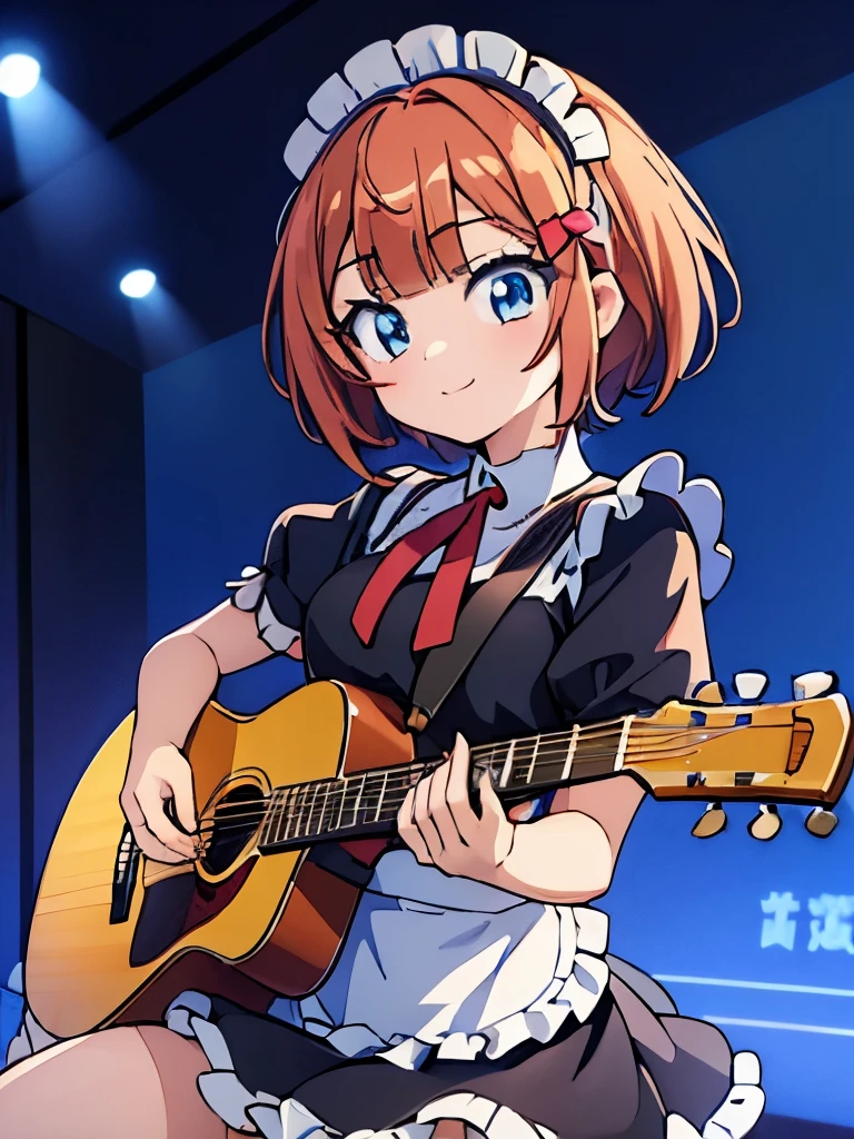 ((masterpiece)), ((best quality)), (ultra-detailed), anime style, Live performance venue, a cute girl, 1girl, solo, playing the guitar00, maid00, ((beautiful eyes))0, smile