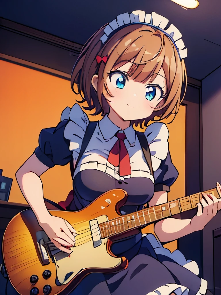 ((masterpiece)), ((best quality)), (ultra-detailed), anime style, Live performance venue, a cute girl, 1girl, solo, playing the guitar00, maid00, ((beautiful eyes))0, smile