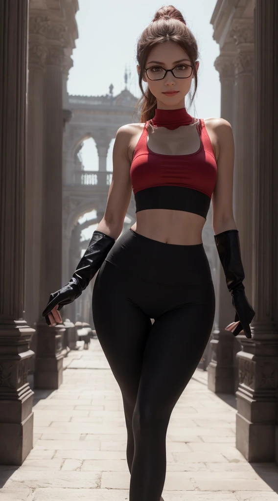 warm smile, (8K, Masterpiece, RAW photo, Best quality, detail:1.2), (ultra realistic:1.4, scenary, 8K), Depth of field, Cinematic light, Lens flare, Ray tracing, (intricate detail face), 1girl, Beautiful and elegant Russian girl, (Very slim and slender body:1.3), (tight red yoga pants:1.4), ultra skinny girl with glasses, (European face:1.3), (tight black mini top:1.4), (natural abs exposed), (full body:1.3), (gloves:1.2)