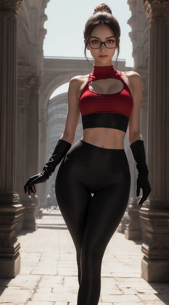 warm smile, (8K, Masterpiece, RAW photo, Best quality, detail:1.2), (ultra realistic:1.4, scenary, 8K), Depth of field, Cinematic light, Lens flare, Ray tracing, (intricate detail face), 1girl, Beautiful and elegant Russian girl, (Very slim and slender body:1.3), (tight red yoga pants:1.4), ultra skinny girl with glasses, (European face:1.3), (tight black mini top:1.4), (natural abs exposed), (full body:1.3), (gloves:1.2)