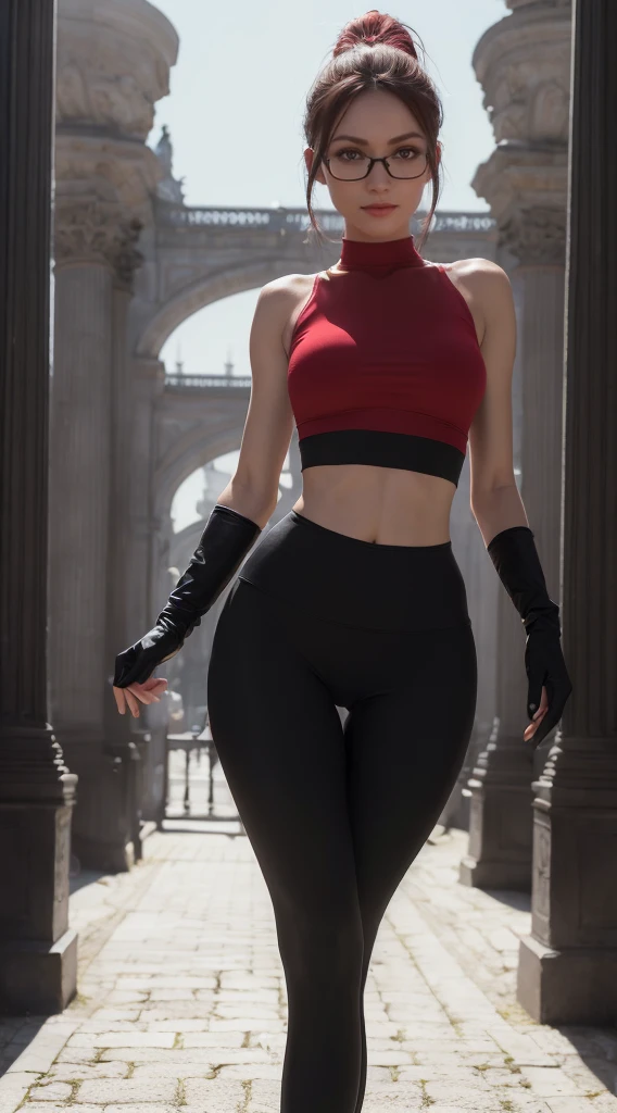 warm smile, (8K, Masterpiece, RAW photo, Best quality, detail:1.2), (ultra realistic:1.4, scenary, 8K), Depth of field, Cinematic light, Lens flare, Ray tracing, (intricate detail face), 1girl, Beautiful and elegant Russian girl, (Very slim and slender body:1.3), (tight red yoga pants:1.4), ultra skinny girl with glasses, (European face:1.3), (tight black mini top:1.4), (natural abs exposed), (full body:1.3), (gloves:1.2)