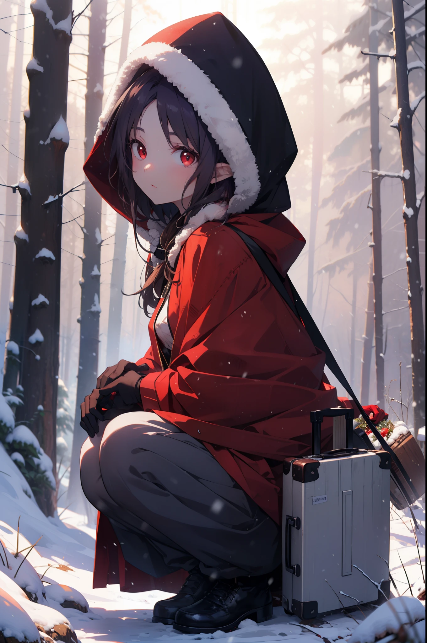 yuukikonno, Yuki Konno, hair band, long hair, pointy ears, purple hair, (red eyes:1.5), (small breasts:1.2), open your mouth,snow, hood, fire, outdoor, boots, snowing, From the side, wood, suitcase, cloak, blurry, hood up, forest, gloves, nature, brown eyes, red gloves, squat, closed mouth, hooded cloak, winter, written boundary depth, black shoes, red cloak
break looking at viewer, Upper body, whole body,
break outdoor, forest, nature,
break (masterpiece:1.2), highest quality, High resolution, unity 8k wallpaper, (shape:0.8), (fine and beautiful eyes:1.6), highly detailed face, perfect lighting, Very detailed CG, (perfect hands, perfect anatomy),