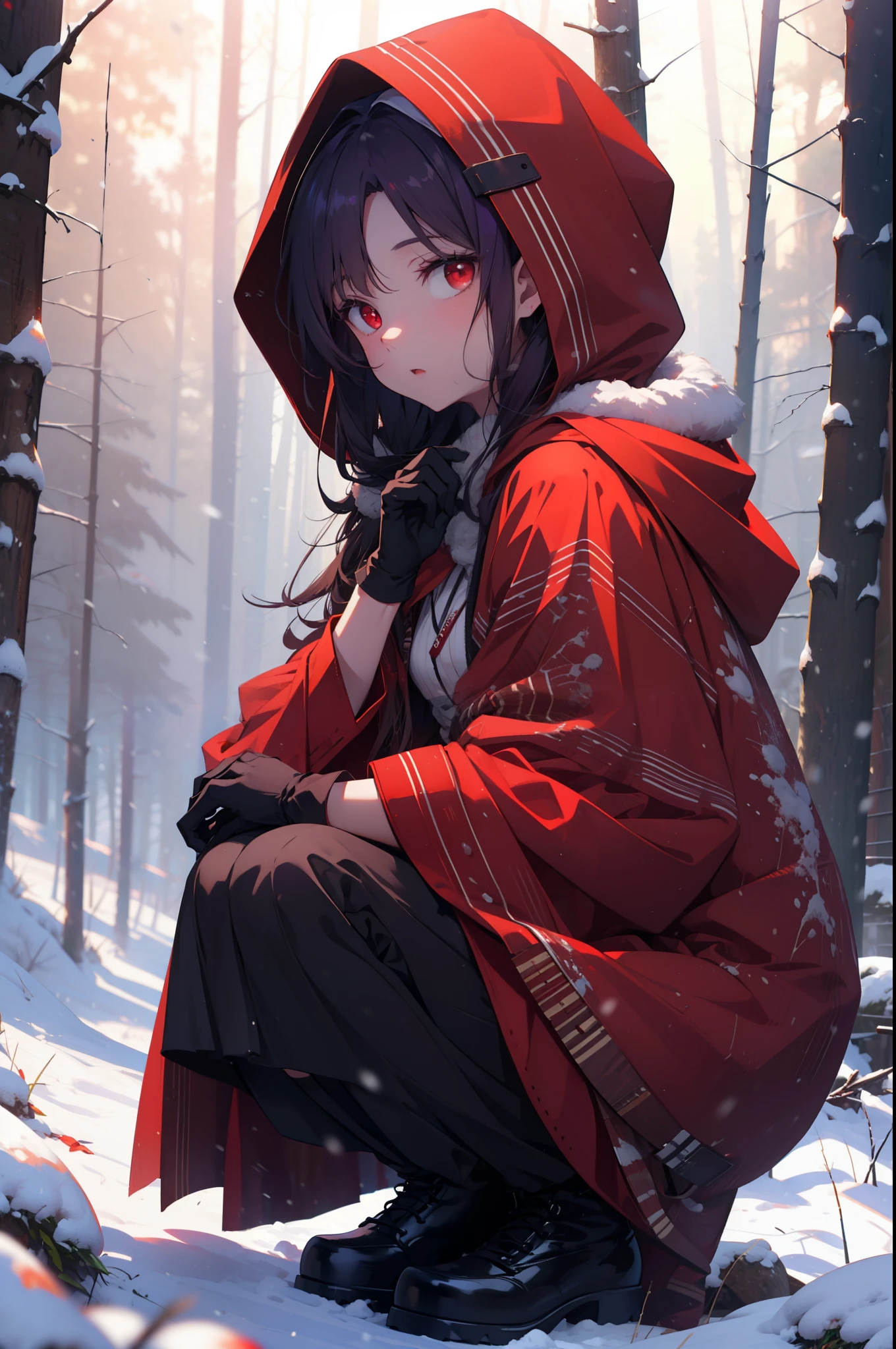 yuukikonno, Yuki Konno, hair band, long hair, pointy ears, purple hair, (red eyes:1.5), (small breasts:1.2), open your mouth,snow, hood, fire, outdoor, boots, snowing, From the side, wood, suitcase, cloak, blurry, hood up, forest, gloves, nature, brown eyes, red gloves, squat, closed mouth, hooded cloak, winter, written boundary depth, black shoes, red cloak
break looking at viewer, Upper body, whole body,
break outdoor, forest, nature,
break (masterpiece:1.2), highest quality, High resolution, unity 8k wallpaper, (shape:0.8), (fine and beautiful eyes:1.6), highly detailed face, perfect lighting, Very detailed CG, (perfect hands, perfect anatomy),