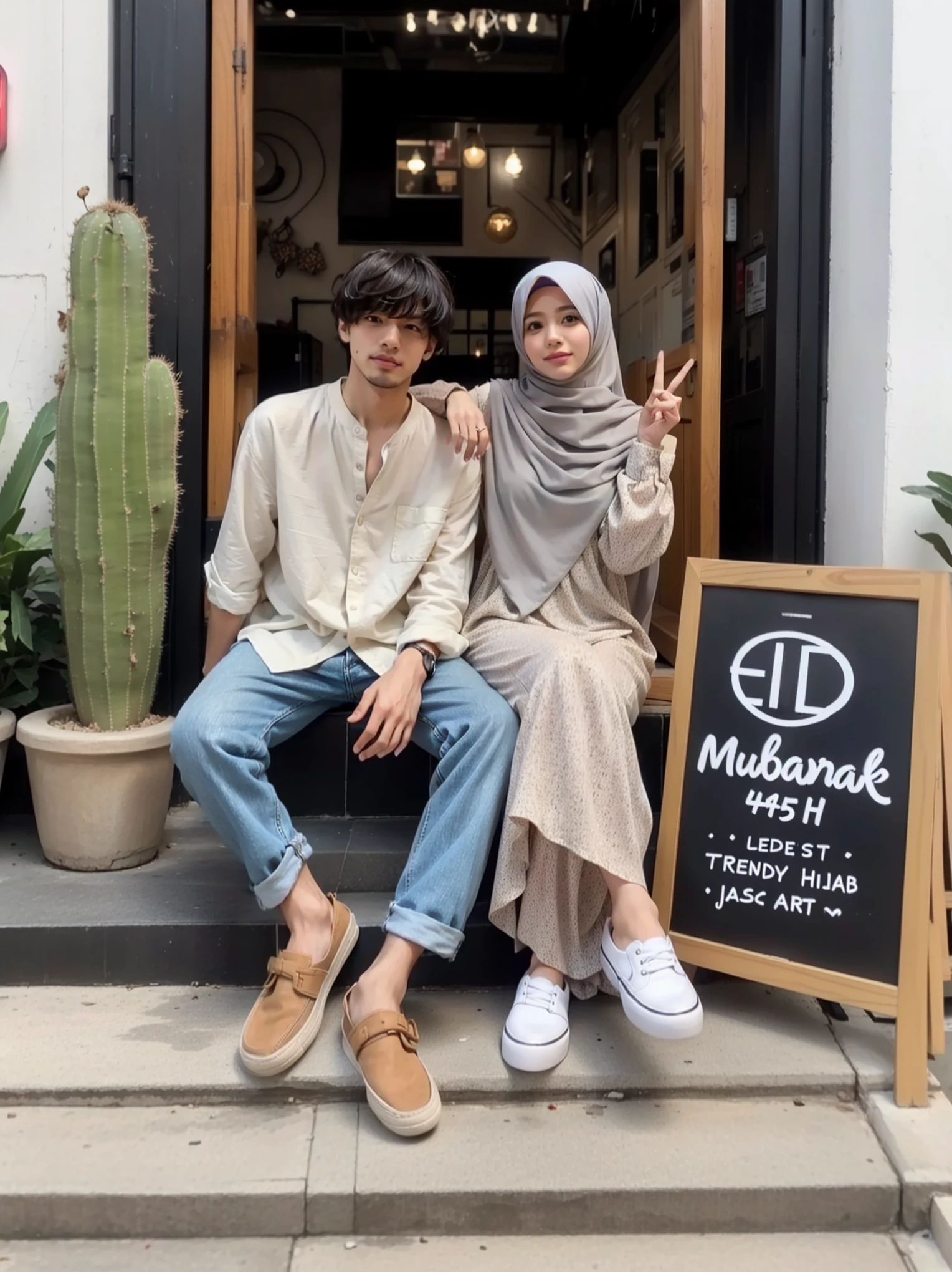 they are sitting on the steps of a building with a sign, couple pose, 😭 🤮 💕 🎀, lovely couple, hijab, couple, 🤬 🤮 💕 🎀, casual modern clothing, fullbody or portrait, in city street, happy couple, full protrait, hidari and vlop, 😭🤮 💔, in desert, ✨🕌🌙
