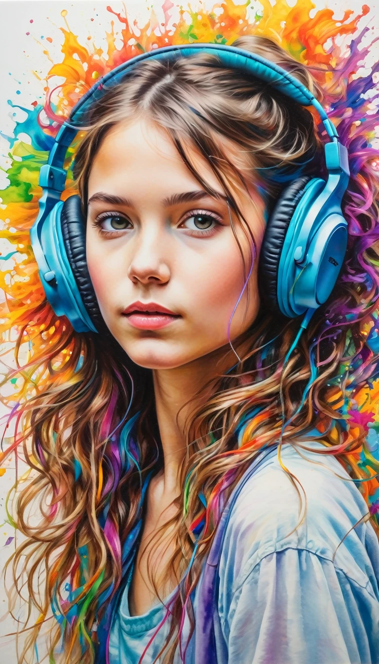 A stunning hyper-realistic pencil drawing captures the essence of artistic creativity and brilliance. In the foreground, a young girl with cascading wavy hair wears vibrant, colorful headphones that appear to pulse with energy. Her serene expression conveys tranquility and peace, showcasing her enjoyment of the music. Amidst the chaotic symphony of splattered acrylic paints surrounding her, she seems lost in her own world. The backdrop is a beautiful chaos of colors, reflecting the artist's creative spirit and boundless imagination. The light grey outlining contrasts exquisitely with the vibrant colors, highlighting the artist's exceptional skill and mastery of the medium. The drawing captures the energy and movement of the scene, embodying the essence of artistic creativity and brilliance.