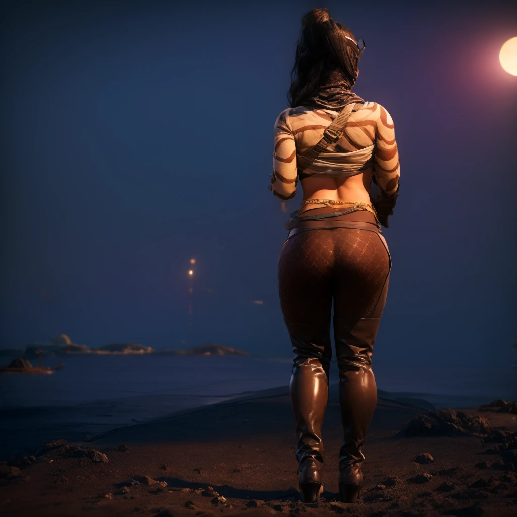 She is looking a Total Solar Eclipse from a beach as the Moon is passing between the Earth and the Sun, thereby obscuring the image of the Sun for a viewer on Earth and the Moon apparent diameter is larger than the Sun blocking all direct sunlight turning day into darkness, (full body portrait, 1girl, from behind, highly detailed, anatomy correct:1.4), tactical gear, coffee knee boots, (athletic body:1.3), coffee leggings, jewelry, ponytail hair, ski mask, (perfect body and hands:1.4), ((Best quality, masterpiece, Very beautiful woman)), Depth-of-field, Multi-layered textures, HDR (High Dynamic Range), Ray Tracing, NVIDIA RTX, Unreal 5, Subsurface scattering, PBR Texturing, Post-processing, Anisotropic Filtering, Maximum clarity and sharpness, Wide aperture, Low ISO, White balance, Rule of thirds, 8K RAW, (extremely slutty), (Highly realistic skin), sharp image, (extremely high quality artwork), dark sun,