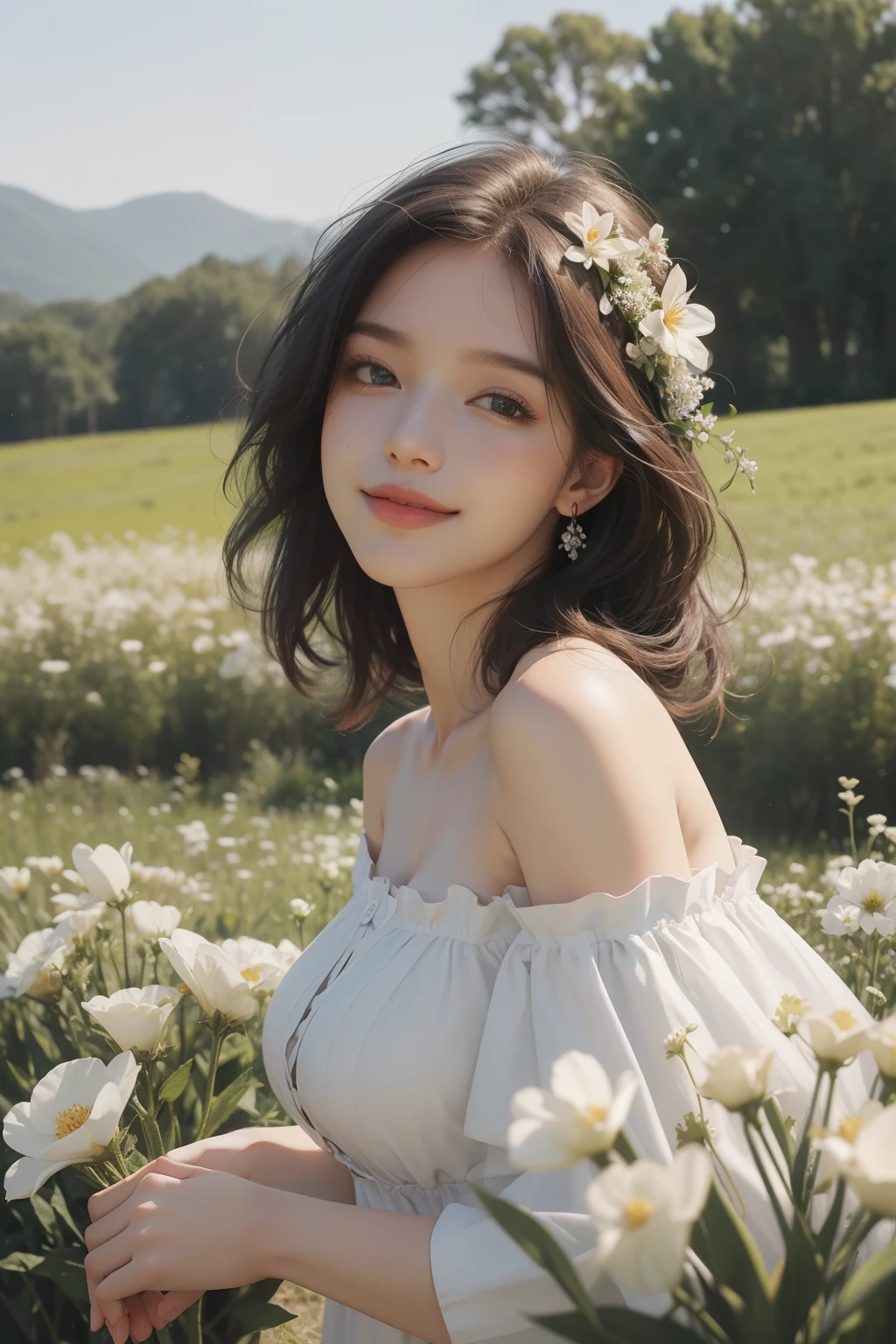 best quality, masterpiece, ultra high resolution, (realistic:1.4), RAW photos, 1 woman, white dress, off shoulder, flower field in full bloom, glowing skin, light smile
