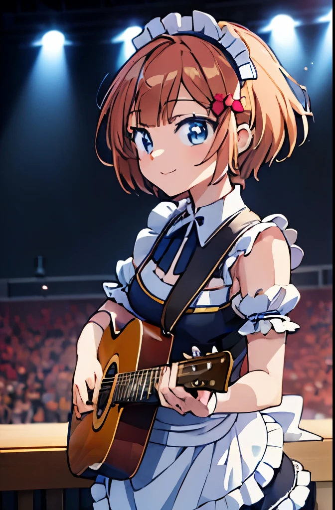 ((masterpiece)), ((best quality)), (ultra-detailed), anime style, Live performance venue, a cute girl, 1girl, solo, playing the guitar00, maid00, ((beautiful eyes))0, smile