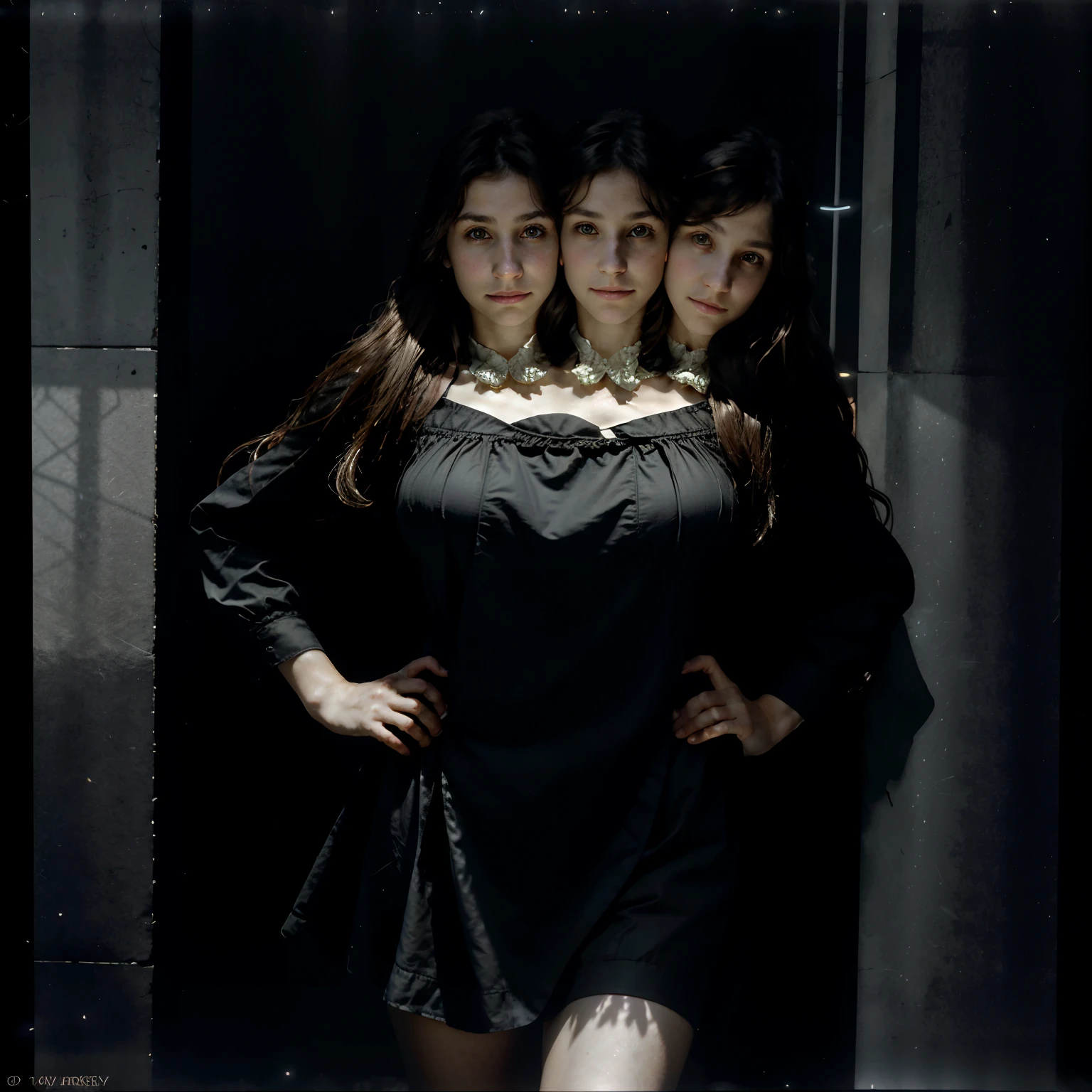 two sisters of different ages, one middle-age and one ager, lesbians, detailed face, black hair, long hair, arrogant, sexy, mysterious, curvy, witches, vampire, catholic, in church