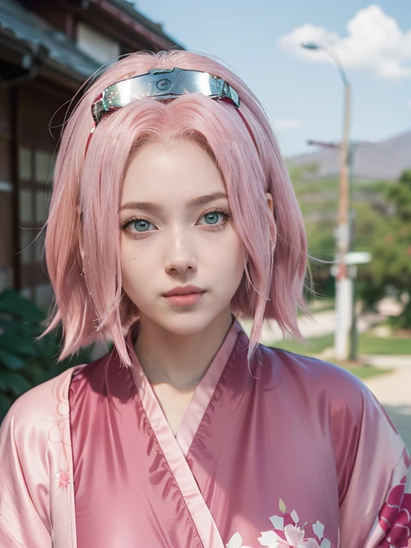 sakura uchiha A woman was in the yard. She was wearing a pink kimono. Like colorful kimonos. She had pink hair. pale white skin. Her cheeks were rosy. And her lips are a tempting red, 3d
