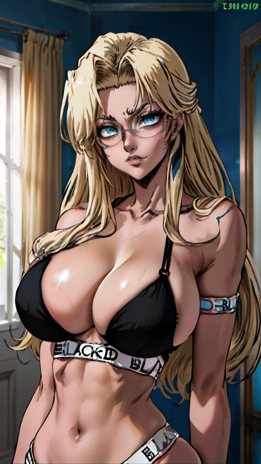 (masterpiece, highest quality, best quality, official art, beautiful and aesthetic: 1.2), (1girl), extremely detailed, (fractal art: 1.3), colorful, highest detailed, perfect face, upper body, HDR, ), vivid visual effects, (dynamic stripes, luminous traces: 1.2), long blonde hair, hellsing, integra, breast focus, breasts, large breasts, bare breasts, naked, nude, boob window, sexy, wide hips, thicc figure, Detailed blue eyes, Detailed face, Detailed eyes, BLACKED, BLACKED UNDERWEAR, BLACKED PORNO
