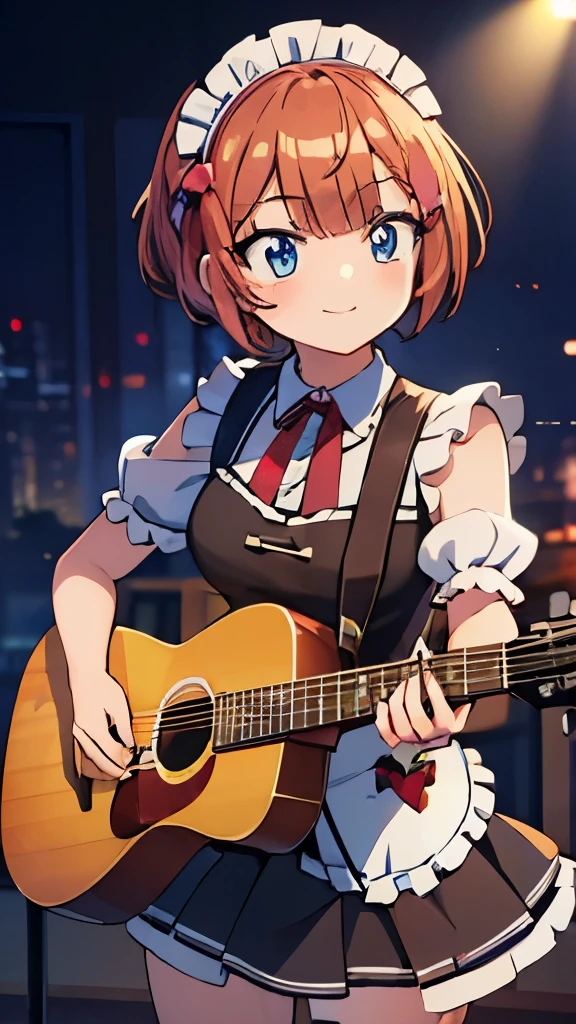 ((masterpiece)), ((best quality)), (ultra-detailed), anime style, Live performance venue, a cute girl, 1girl, solo, playing the guitar00, maid00, ((beautiful eyes))0, smile