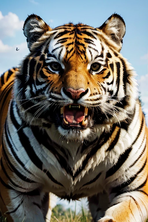 (best quality,highres,masterpiece:1.2),ultra-detailed,(realistic:1.37),big adult killer tiger showing its teeth,full-body big white tiger,futuristic background