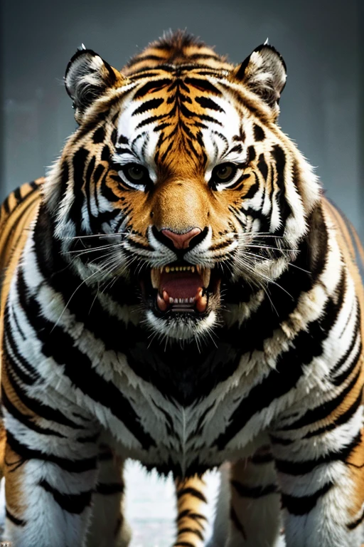 (best quality,highres,masterpiece:1.2),ultra-detailed,(realistic:1.37),big adult killer tiger showing its teeth,full-body big white tiger,futuristic background