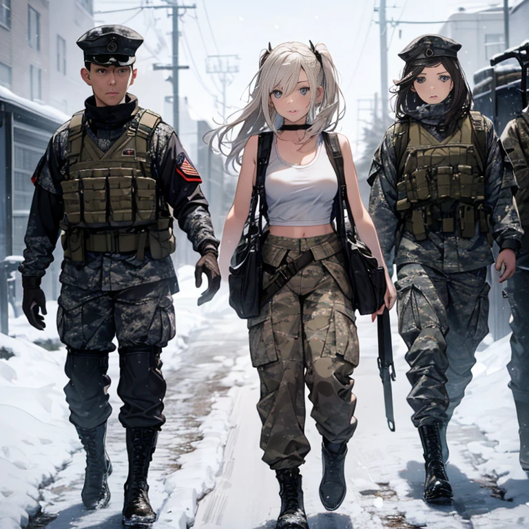 A group of female soldiers, (in snow storm), various hair styles, tank top, harem, beautiful leg, midriff, camouflage military trousers, showings off armpits, seducing, bdsm, dirty