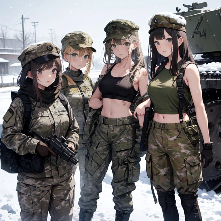 A group of  female soldiers, (in snow storm), various hair styles, tank top, harem, beautiful leg, midriff, camouflage military trousers, showings off armpits, seducing, bdsm, dirty