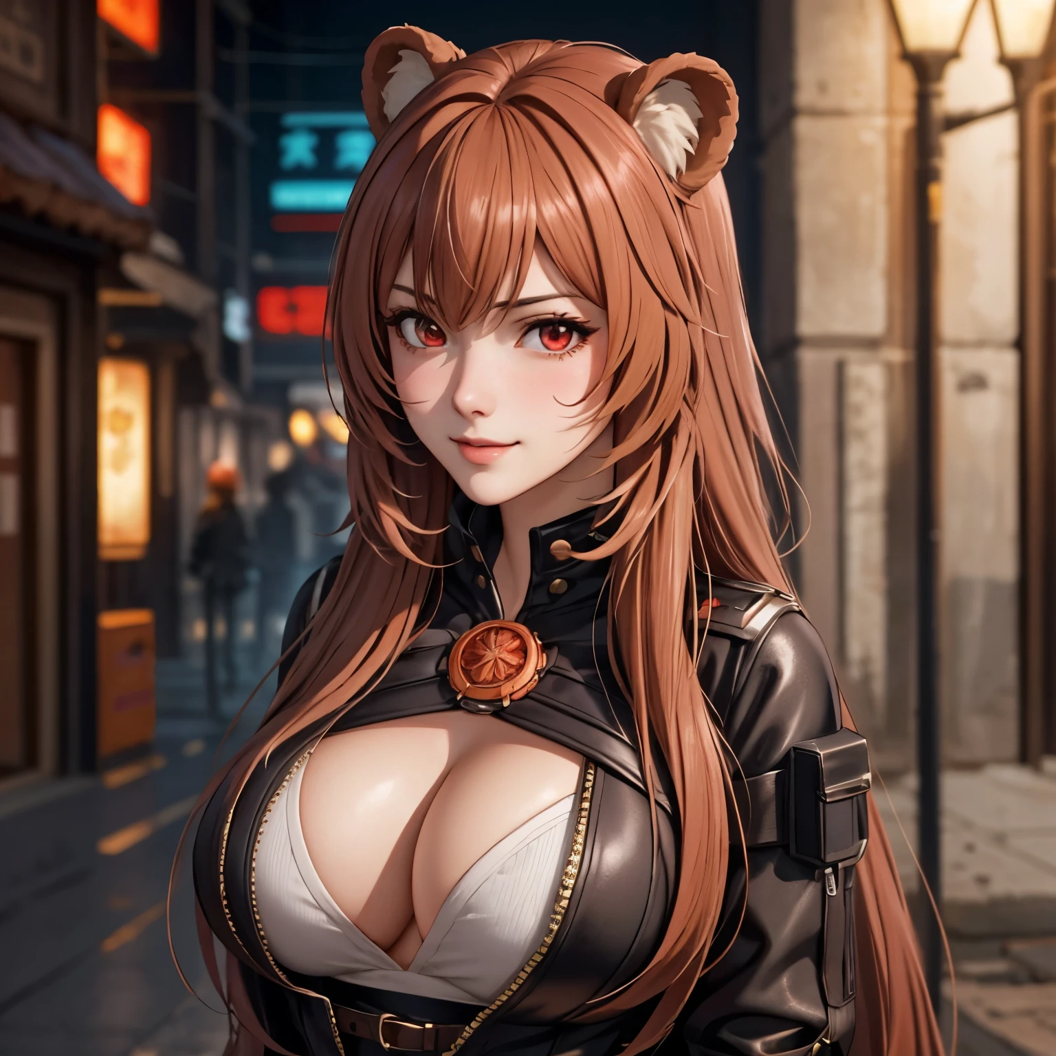 Raphtalia, attractive 25 year old woman, orejas de oso, cabello naranja brillante, detailed ruby red eyes, light skin shy smile embarrassed., rubor, mirada dulce, ROPA CYBERPUNK, FODNO EDIFICIOS DE NEON DE NOCHE.