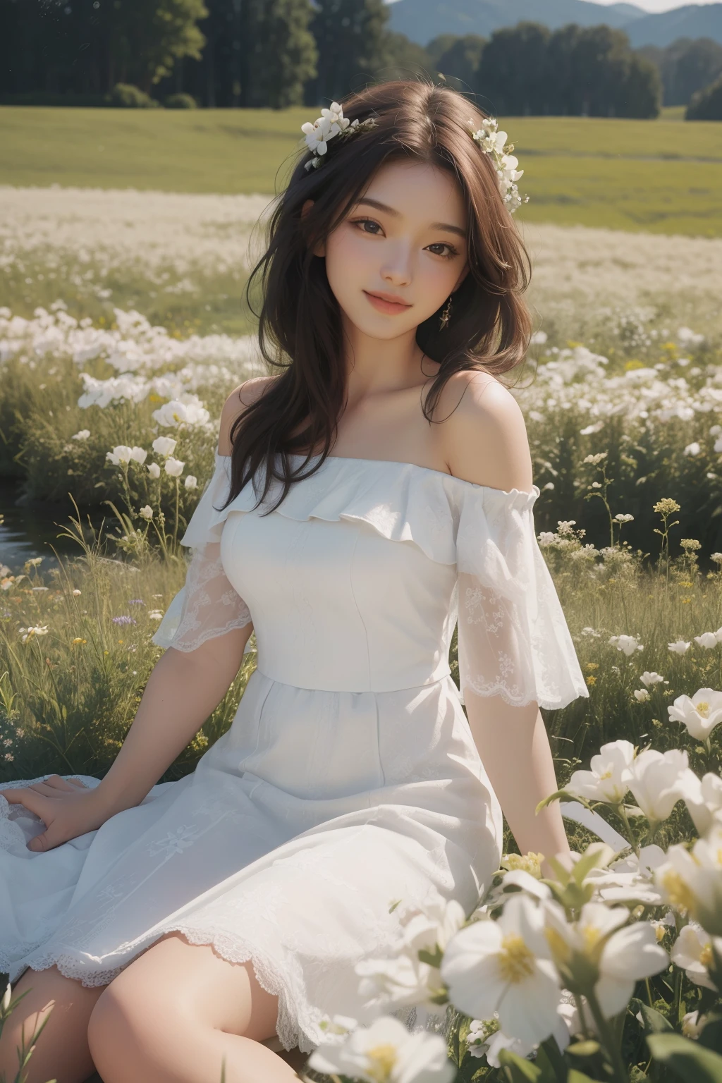 best quality, masterpiece, ultra high resolution, (realistic:1.4), RAW photos, 1 woman, white dress, off shoulder, flower field in full bloom, glowing skin, light smile