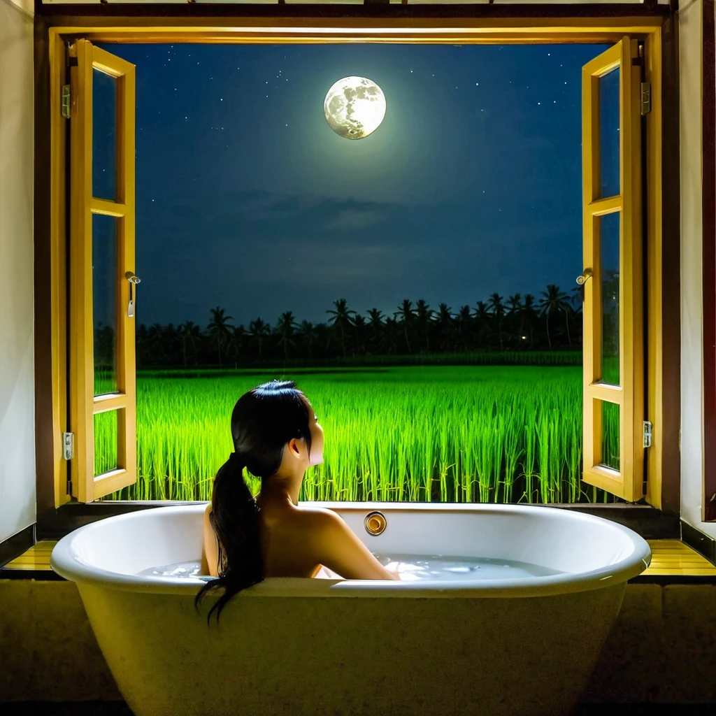 22yo perfect Hungarian brunette girl sitting in a large hot tub naked with a glass of champaign, staring out a large window inti the dark night with full moon, 8k, uhd, detaiked body, exact number of limbs and fingers, photo from side, from above angle, sensual lights