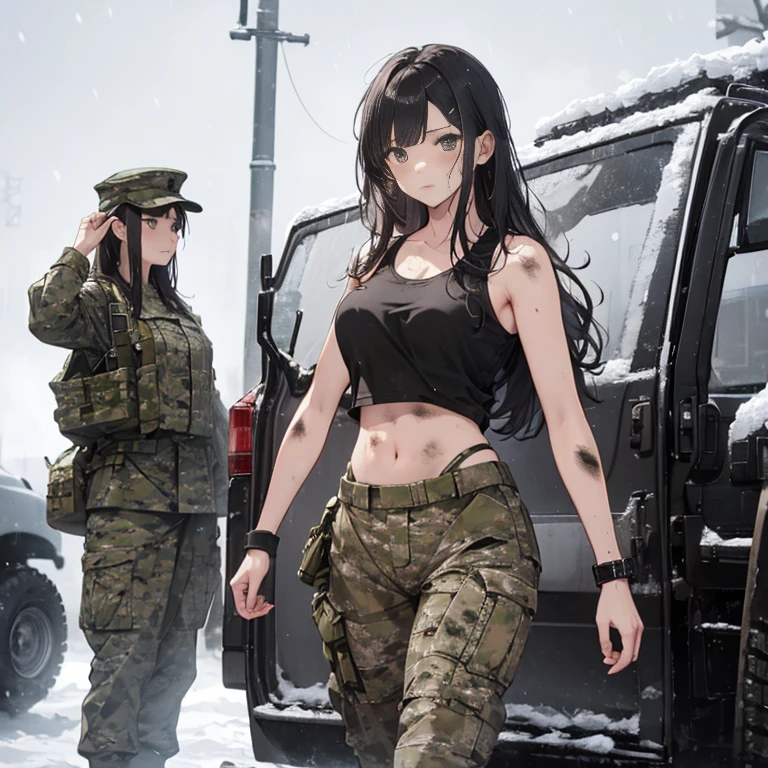 A group of  female soldiers, (in snow storm), various hair styles, tank top, harem, beautiful leg, midriff, camouflage military trousers, showings off armpits, seducing, bdsm, dirty