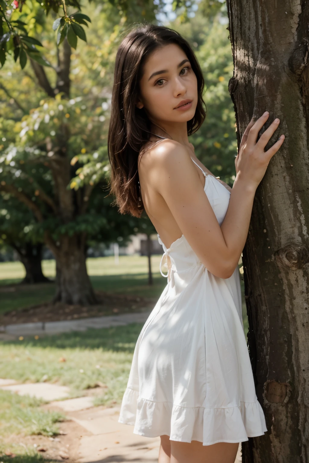 ((Mejor calidad)), ((obra maestra)), (detallado), cara perfecta, Latin woman in a white dress standing under a tree, next to a tree, with a tree in the background, ruffled outfit, wearing a summer dress, medium shot portrait, feminine feminine dress, portrait photo, golden hour of morning, 70mm portrait, wearing a cute white dress, in a tree, bottom angle, modeling shoot, modeling photography