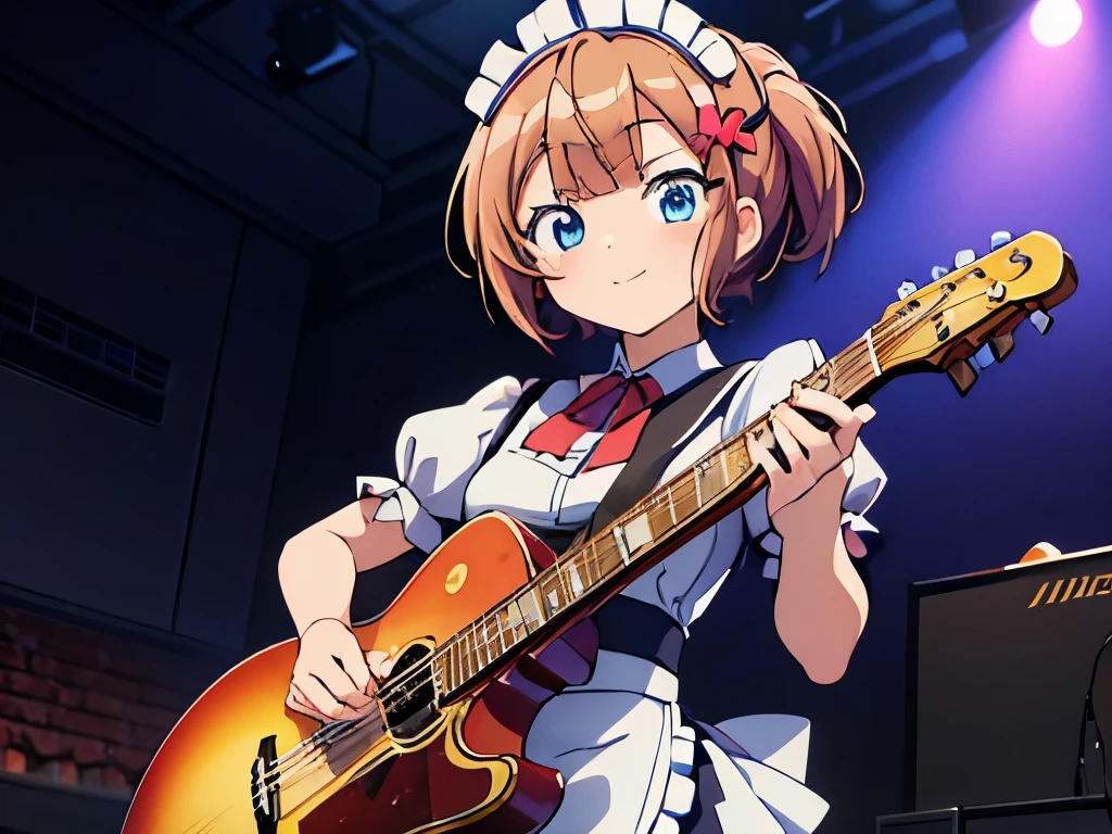 ((masterpiece)), ((best quality)), (ultra-detailed), anime style, Live performance venue, a cute girl, 1girl, solo, playing the guitar00, maid00, ((beautiful eyes))0, smile