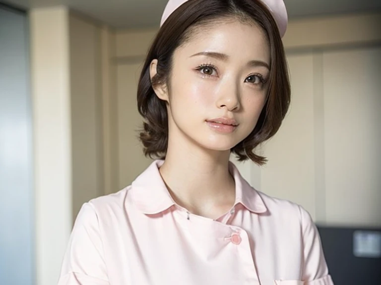 1 girl,(Wearing white nurse clothes:1.2),(Raw photo, highest quality), (realistic, photo-realistic:1.4), masterpiece, very delicate and beautiful, very detailed, 2k wallpaper, wonderful, finely, very detailed CG unity 8k wallpaper, Super detailed, High resolution, soft light, beautiful detailed girl, very detailed eyes and face, beautifully detailed nose, finely beautiful eyes, nurse, perfect anatomy, black hair, up style, nurse uniform, ((nurse cap)), long skirt, nurse, white costume, thin, hospital, clear, white uniform, hospital room, Neck auscultation,(uetoaya)