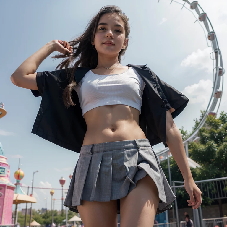 -yeld giin the amusement park playing dressed in a navel-length shirt and short skirt