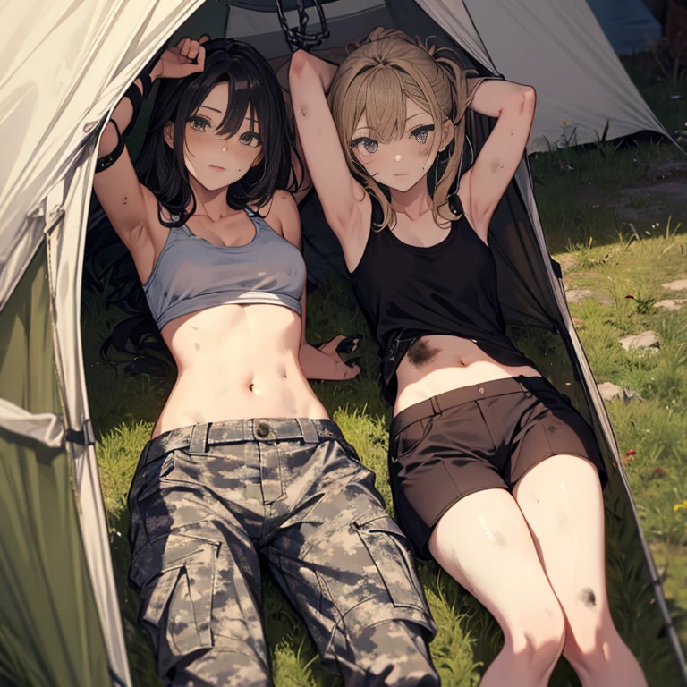 A group of female soldiers, (in tent), various hair styles, tank top, harem, beautiful leg, midriff, camouflage military trousers, showings off armpits, seducing, bdsm, dirty