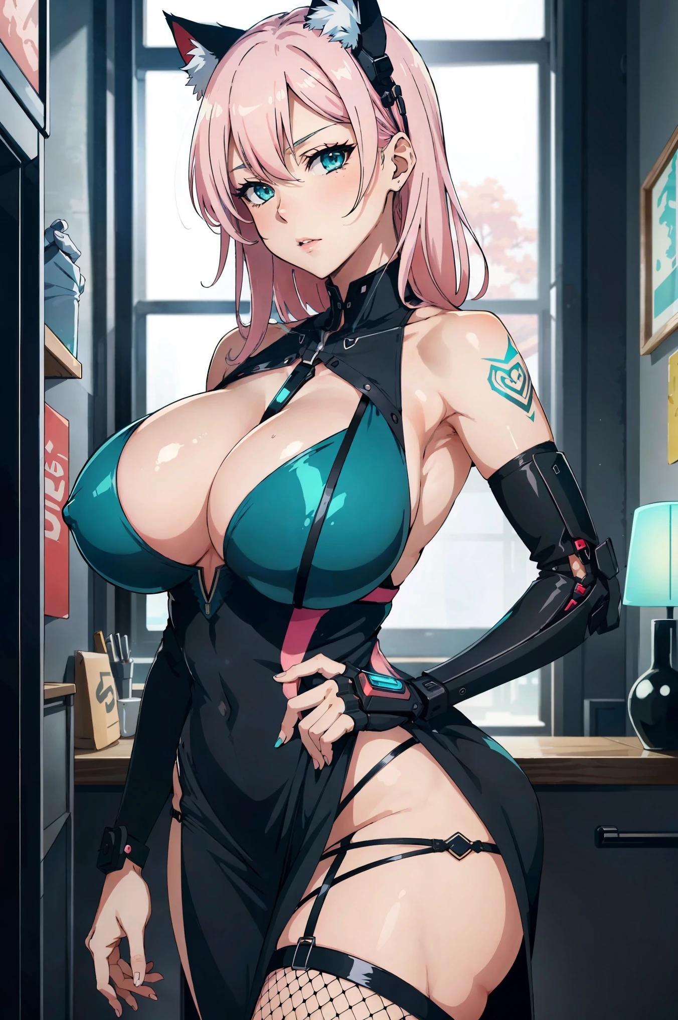 ((mature adult tall woman, mature_face)), (glowing aqua eyes), cat ears, narrow waist, gradient (pink hair), large breasts, large areolae, (oily skin) ,              


anime mature woman with cat ears and a black dress posing in a room, seductive anime woman, oppai cyberpunk, best anime 4k konachan wallpaper, biomechanical oppai, oppai, beautiful alluring anime woman, attractive anime woman, badass anime 8 k, perfect anime cyborg woman, top rated on pixiv, pixiv 3dcg, fishnets, tattoo on hand, sexy, 👠💋,