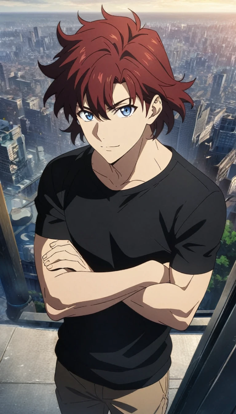 (Young guy), ((handsome)), 1guy, strong and tall, (solo), (red medium hair:1.1), (blue eyes:1.1), ((eyes details)), fit body, black sweater, anime hight quality, masterpiece, city background, High quality wallpaper, crossed arms, from above, looking at viewer, little smile