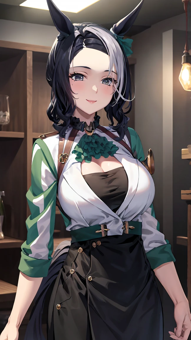 highest quality,masterpiece,High resolution,CG 8k ,super detailed images,beautiful sister,one person,mejiro ramonu,horse ears,horse tail,white and green clothing,black skirt,smile,