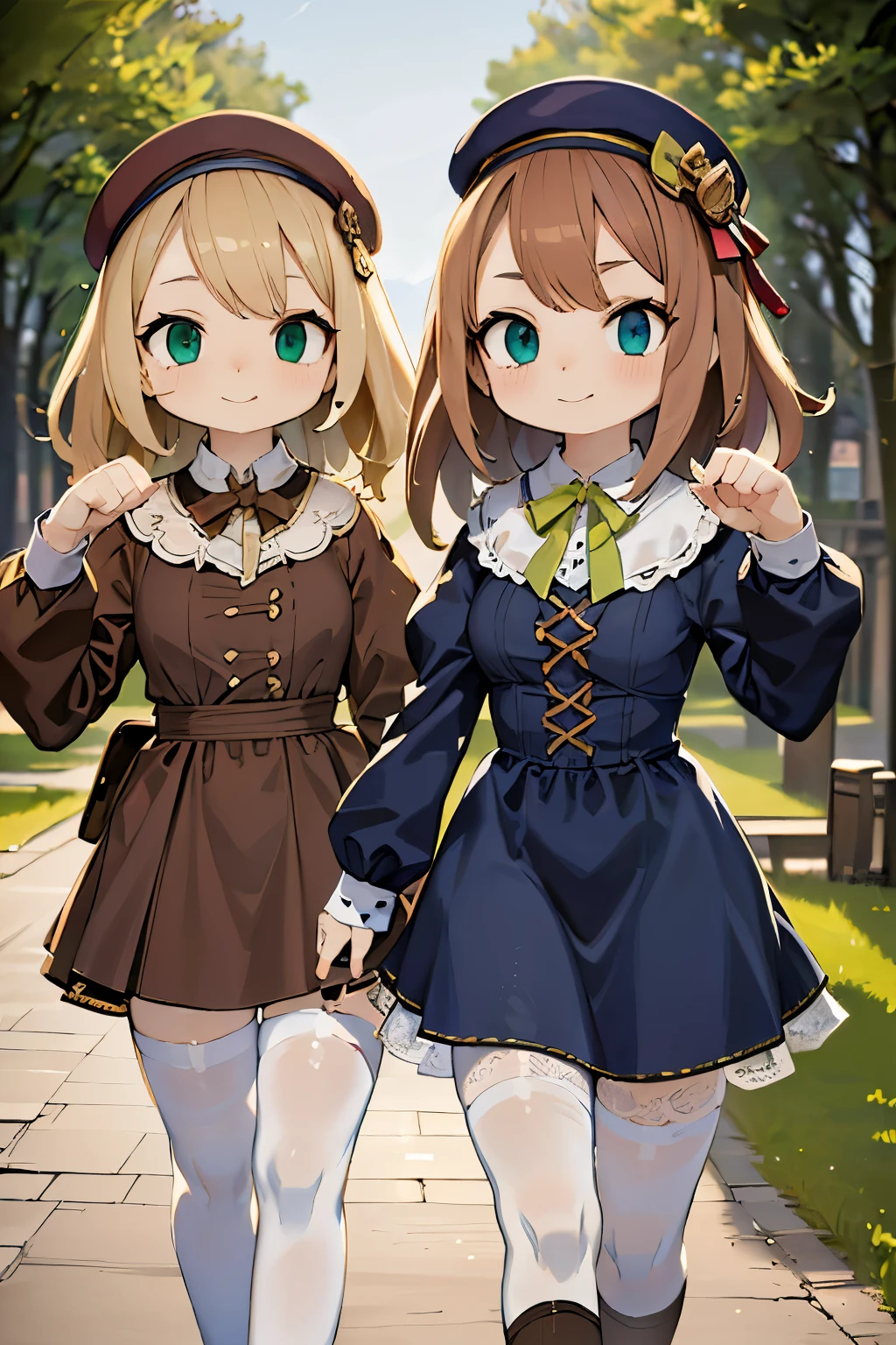 two girls, (Virginia Otis, 15 years old (blond hair, blue eyes)) pose with (16 years old Georgie Gerald (blond hair, green eyes)). Victorian style. thin, cute face, walks at night in Canterville Castle (inspired by the novel The Canterville Ghost). aged 1887, Victorian fantasy