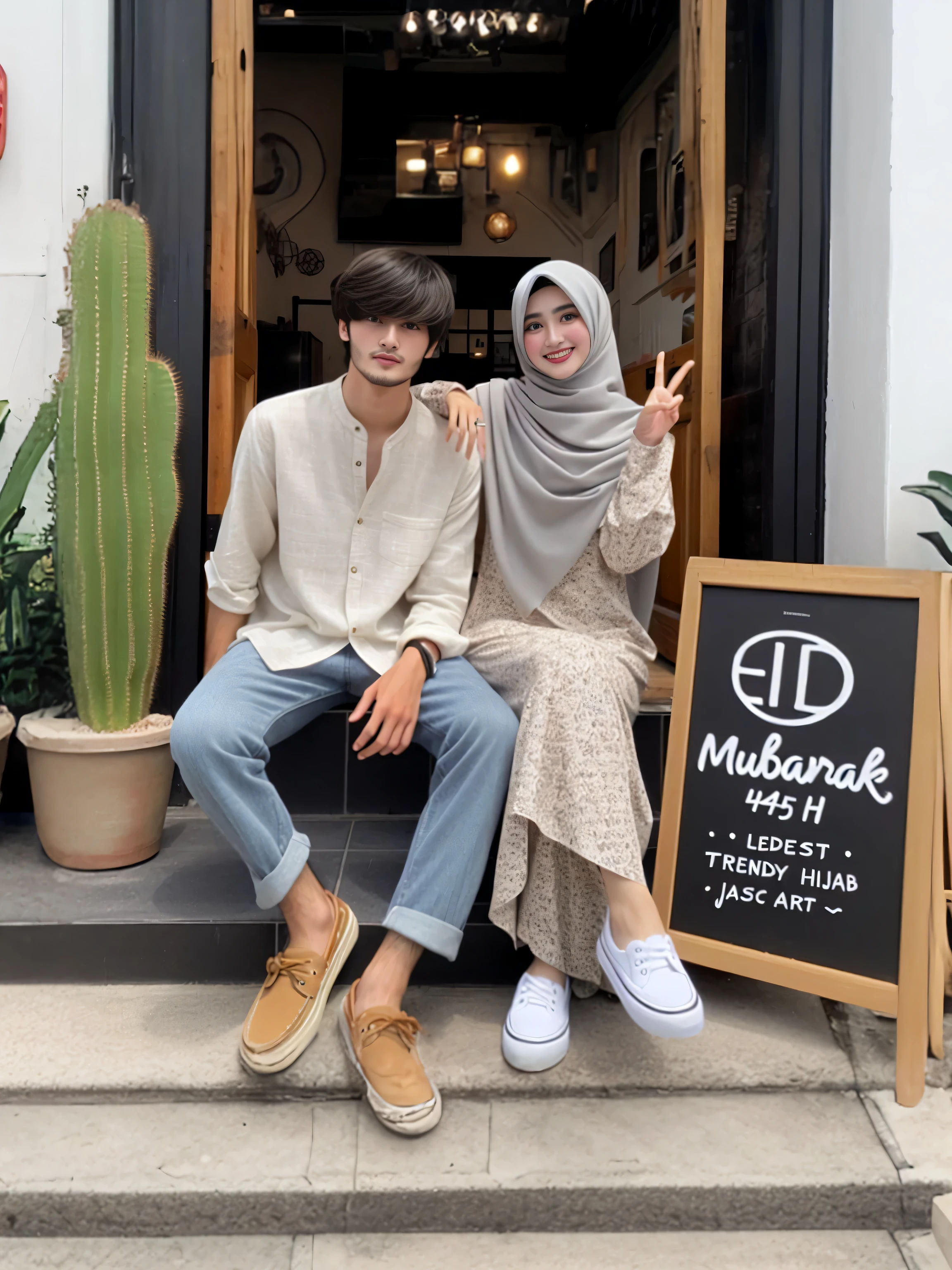 they are sitting on the steps of a building with a sign, couple pose, 😭 🤮 💕 🎀, lovely couple, hijab, couple, 🤬 🤮 💕 🎀, casual modern clothing, fullbody or portrait, in city street, happy couple, full protrait, hidari and vlop, 😭🤮 💔, in desert, ✨🕌🌙