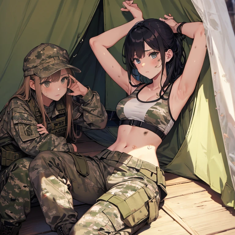 A group of  female soldiers, (in tent), various hair styles, tank top, harem, beautiful leg, midriff, camouflage military trousers, showings off armpits, seducing, bdsm, dirty