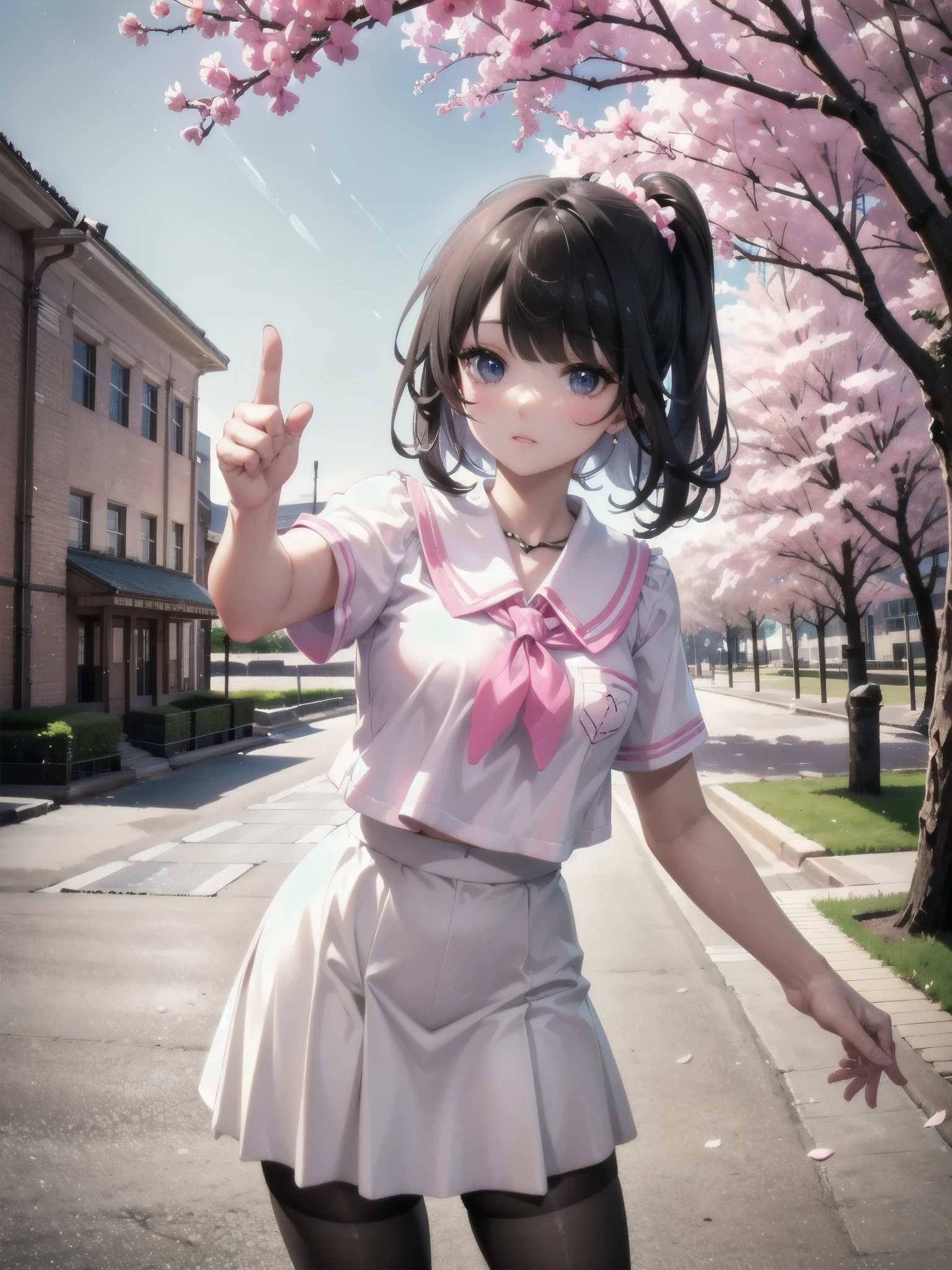 A 28-year-old female teacher wearing a white peplum makes a peace sign in front of a cherry blossom tree and a brick school building reminiscent of Tokyo Station.